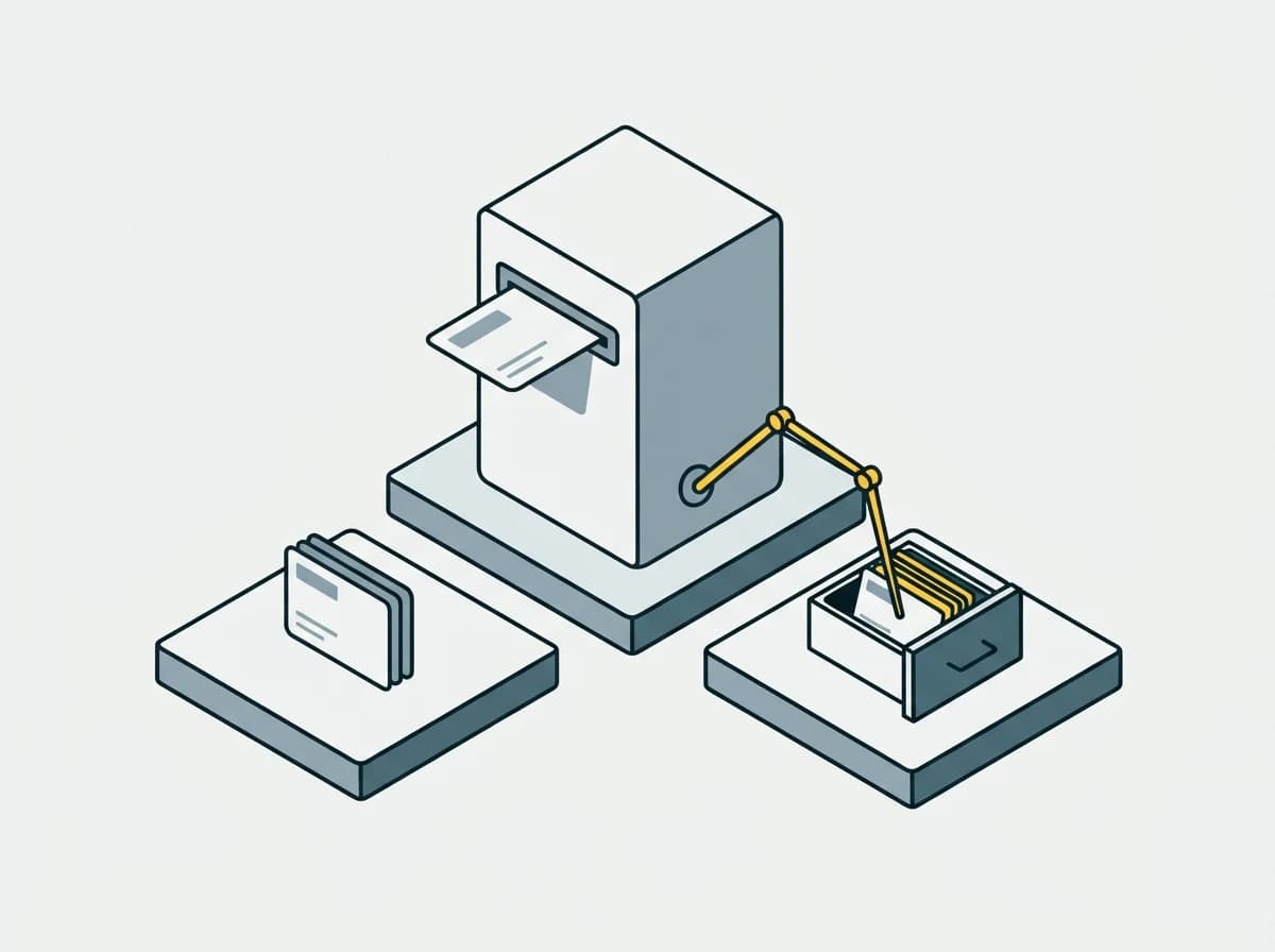 A machine drawing a card up from a drawer of records, with a kept copy of the previous version beside it.