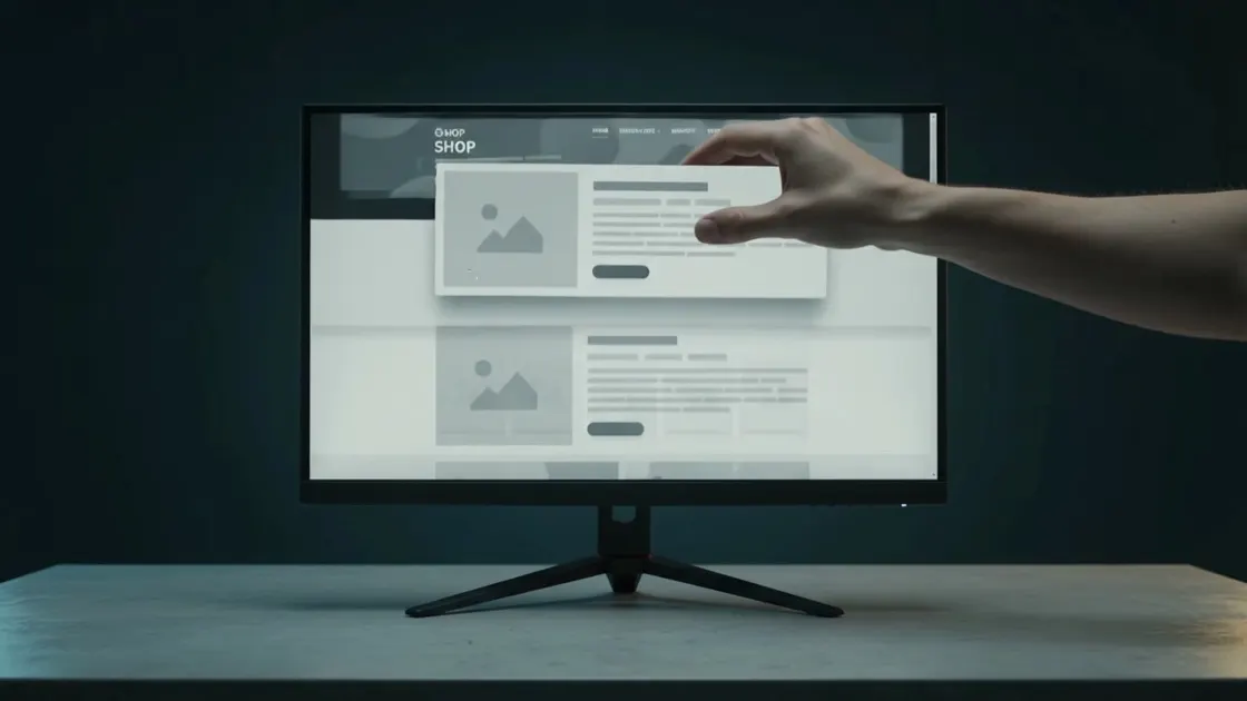 A shop page assembling itself on one screen: a banner, a row of product tiles and an editorial block settling into place, and a hand lifting one section to move it.