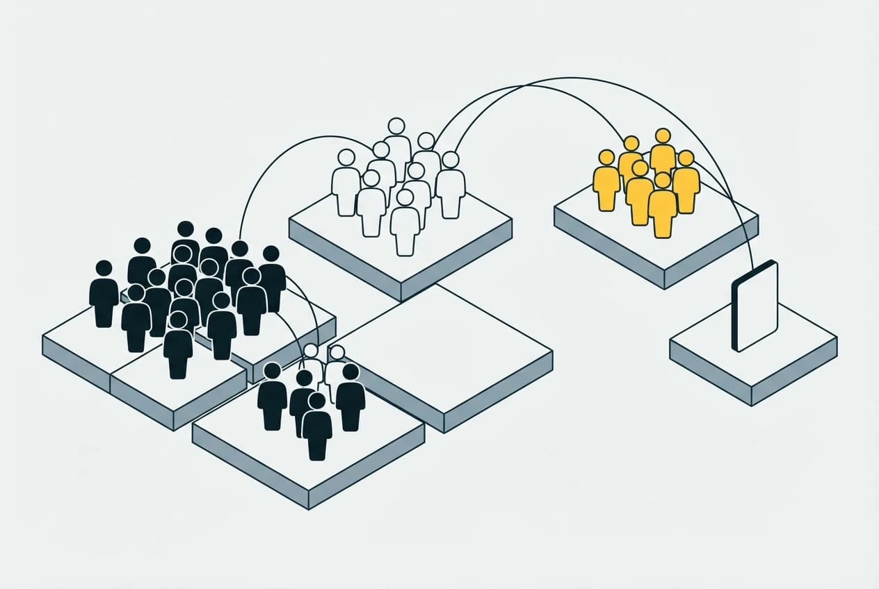 People gathered into groups of different sizes, a few linked back to a record.