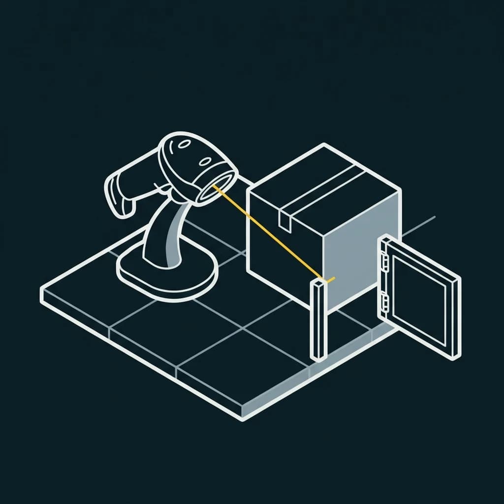 A scanner on a stand aimed at a boxed item, its beam stopping at the box's face, with a gate beside it still open.