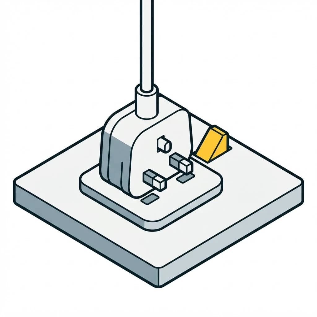 A plug in a socket with the lever beside it raised.