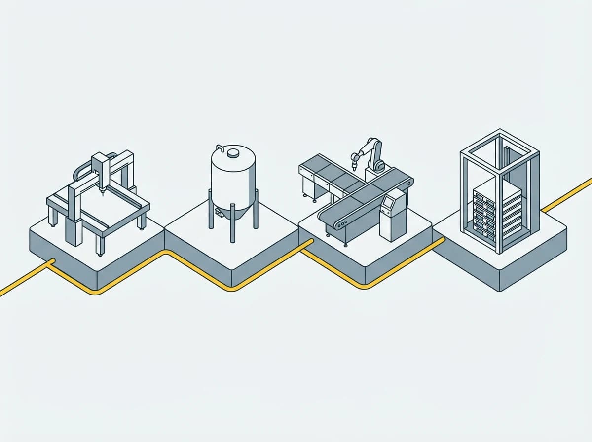 Four existing machines, untouched on their own tiles, with one new rail threading between them.