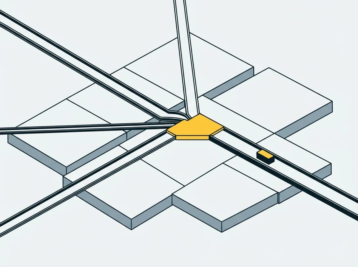 Five lines arriving from five directions and merging into one channel.