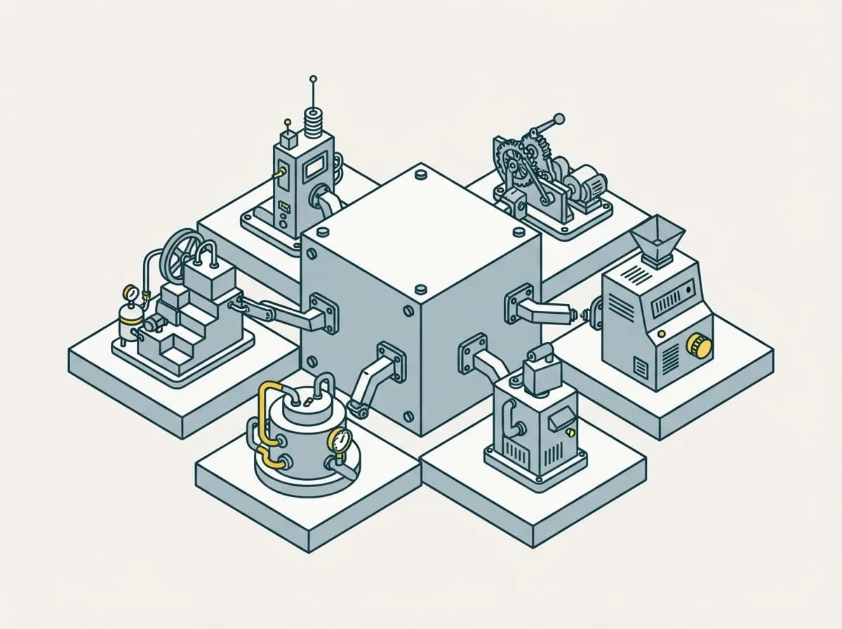 A central block with six mismatched machines bolted around it at different angles, each on its own tile.