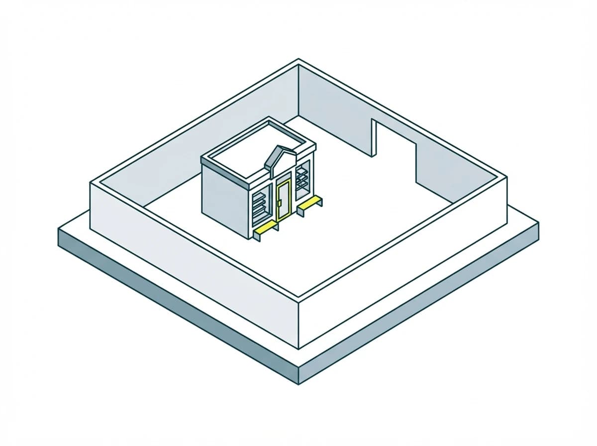 A small complete shop standing inside a much larger enclosure, its door facing inward.