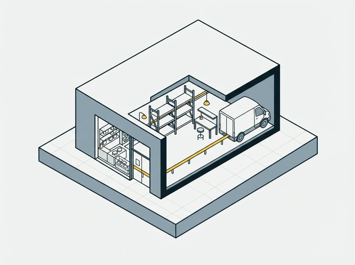 One housing, cut away: a shopfront, a rack, a packing bench and a van all inside it, joined by a single rail.