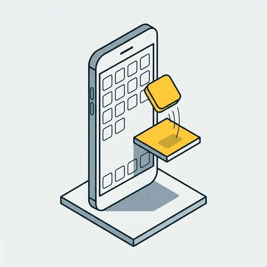 A phone with one app tile lifting off its screen onto a shelf beside it.