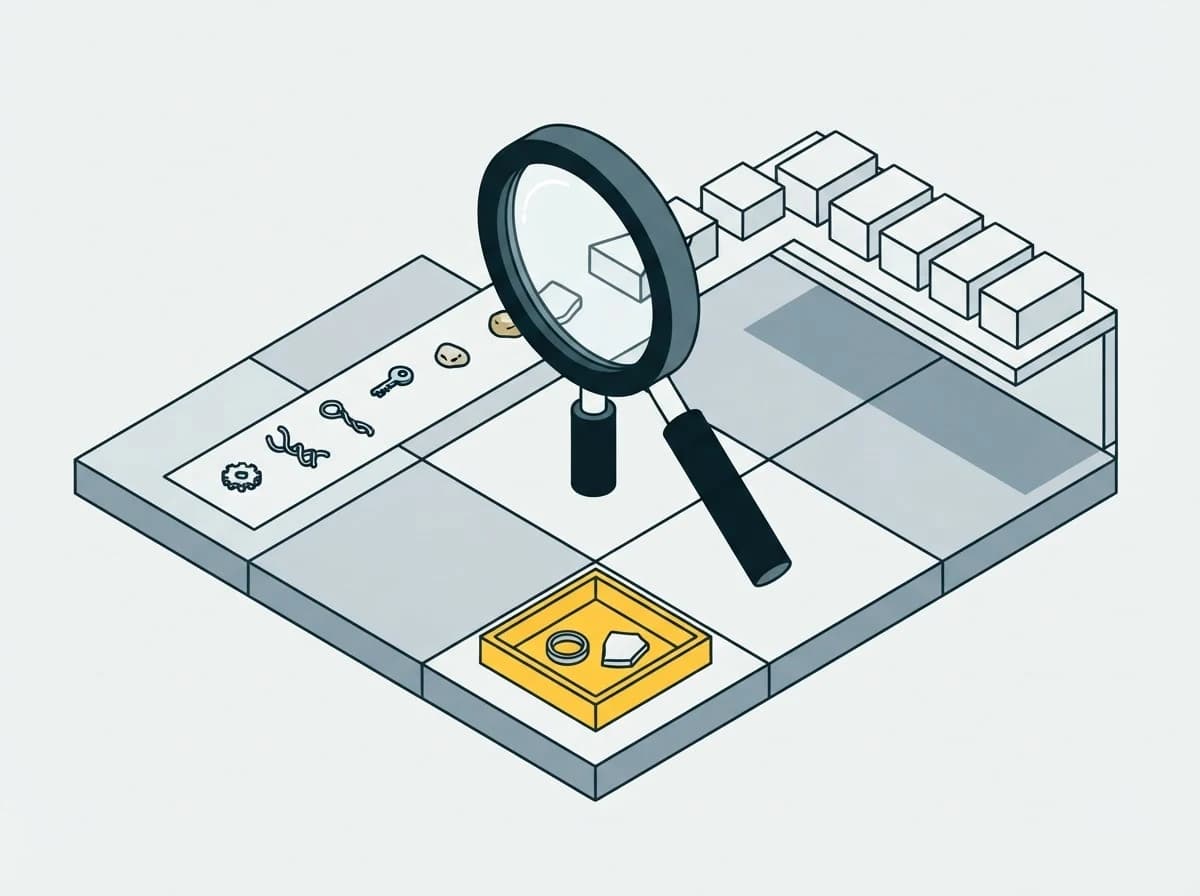 A lens through which found items land on a shelf, while the ones that found nothing drop into a tray that keeps them.