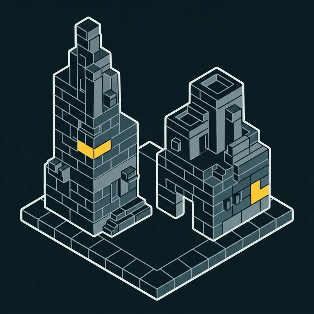 Two differently shaped buildings, both built from the same repeated blocks.